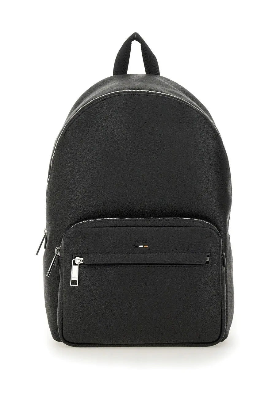 Boss men’s backpack black textured leather with silver zippers and subtle brand logo on front pocket