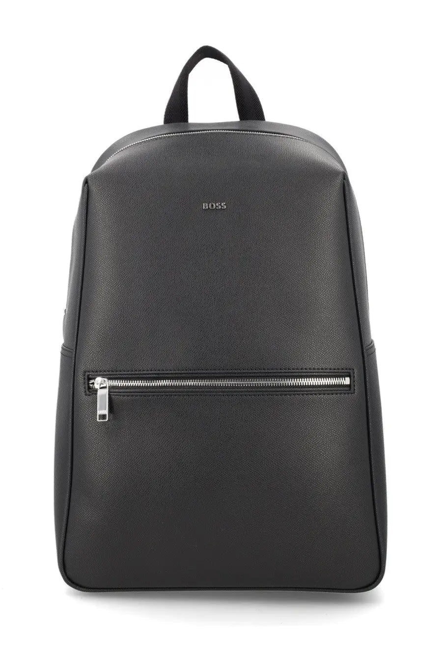 BOSS men’s black leather backpack with silver zipper and boss logo on front for stylish everyday use