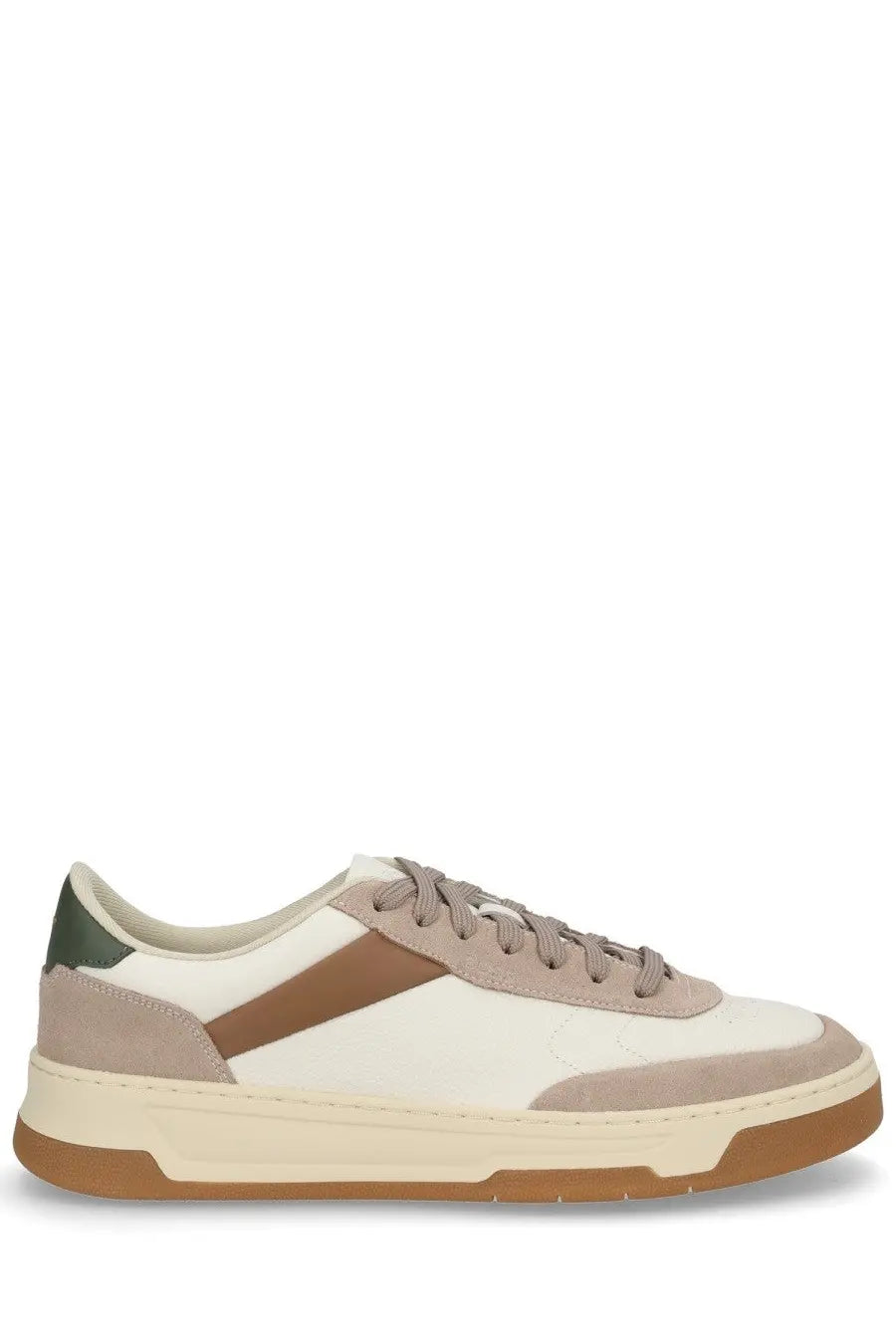 BOSS men’s Baltimore Tenn sneaker beige cream and beige suede low-top with brown leather stripe and tan rubber sole