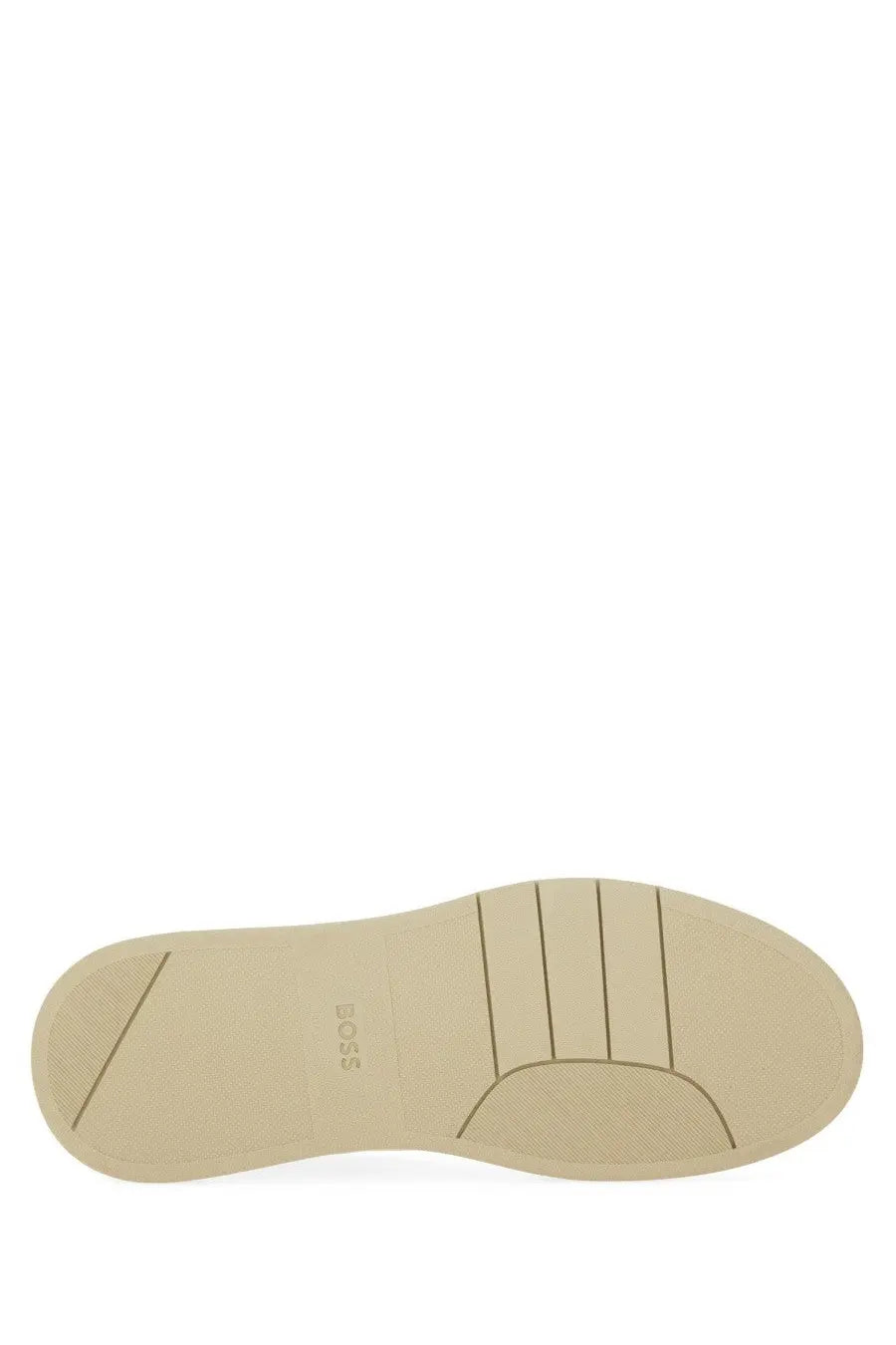 Beige rubber sole with subtle tread pattern and embossed boss logo of boss men’s baltimore tenn sneaker white