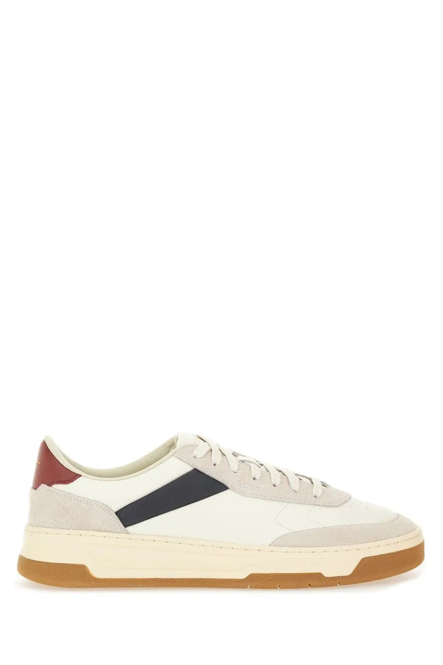 BOSS men’s Baltimore tenn sneaker white with white and beige suede, navy stripe, burgundy heel tab, and tan rubber sole