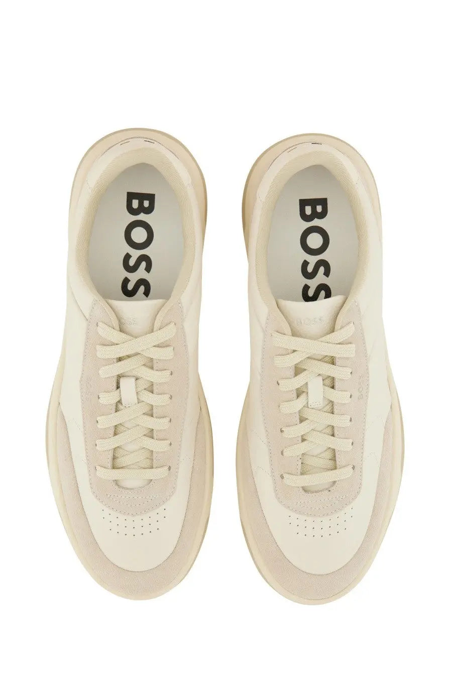 Cream-colored BOSS men’s Baltimore Tenn sneakers with sleek minimalist design featuring suede and leather accents