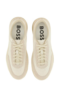 Cream-colored BOSS men’s Baltimore Tenn sneakers with sleek minimalist design featuring suede and leather accents
