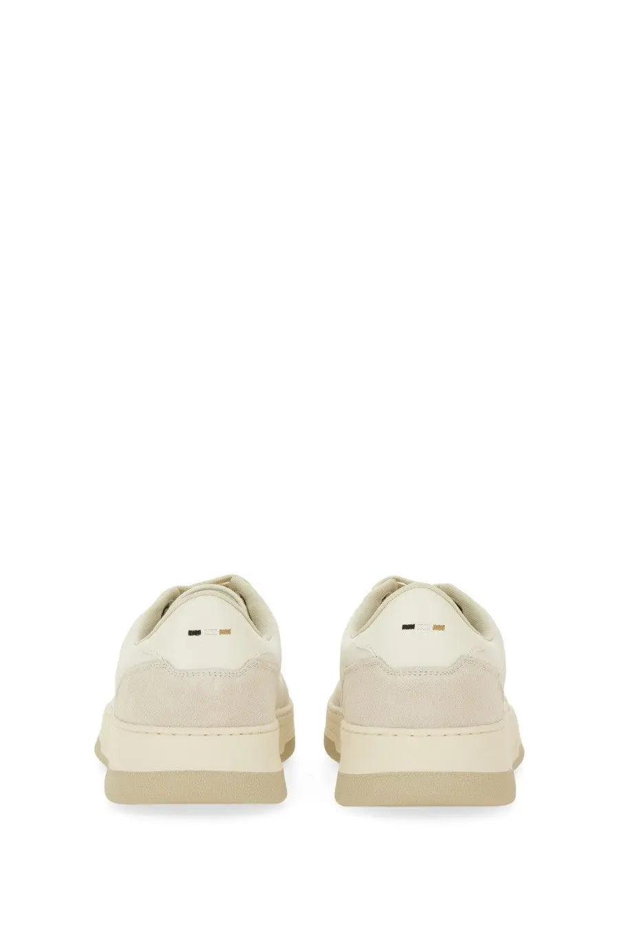 Cream-colored suede BOSS men’s Baltimore Tenn sneaker with minimalist design and subtle heel branding back view