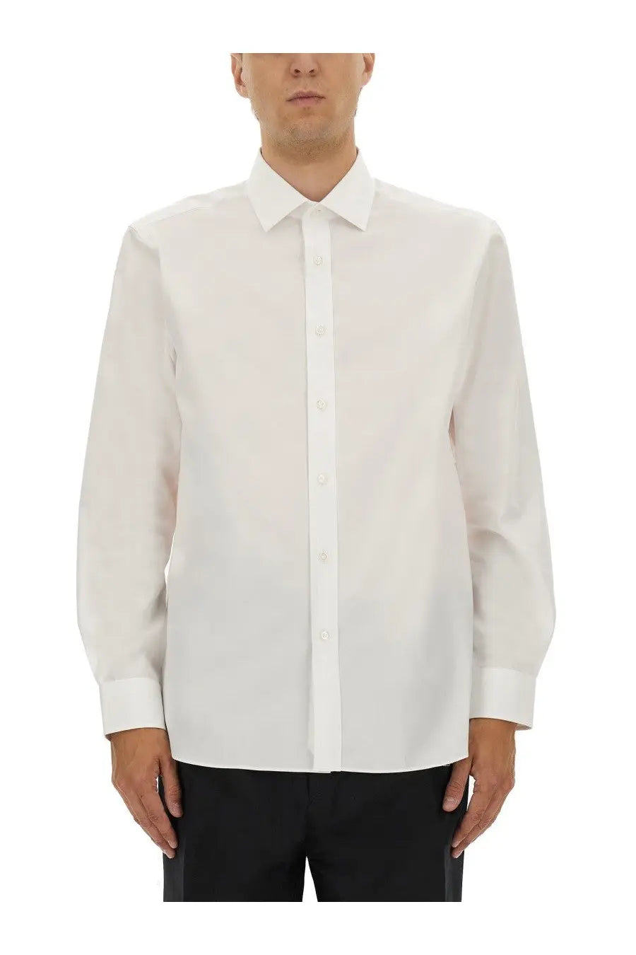 A crisp white long-sleeved cotton dress shirt with classic collar and button-down front by BOSS Beckham Boss
