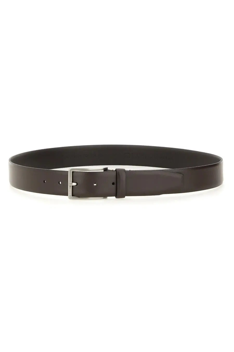 Boss men’s dark brown leather belt with a silver-toned buckle for formal and casual wear