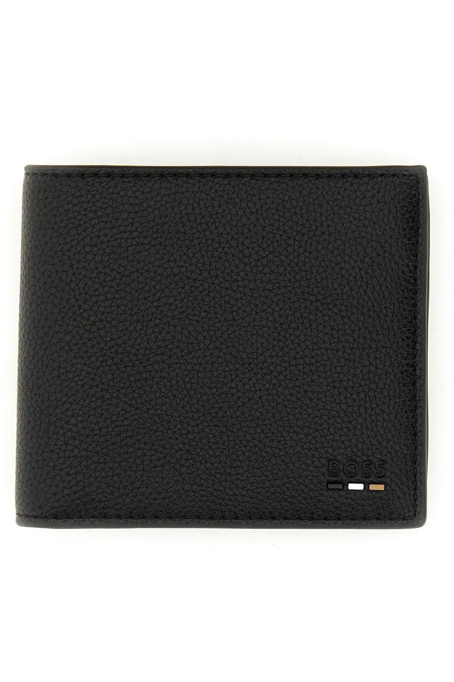 BOSS men’s bi fold wallet black textured leather with subtle embossed logo and signature stripe detail in corner