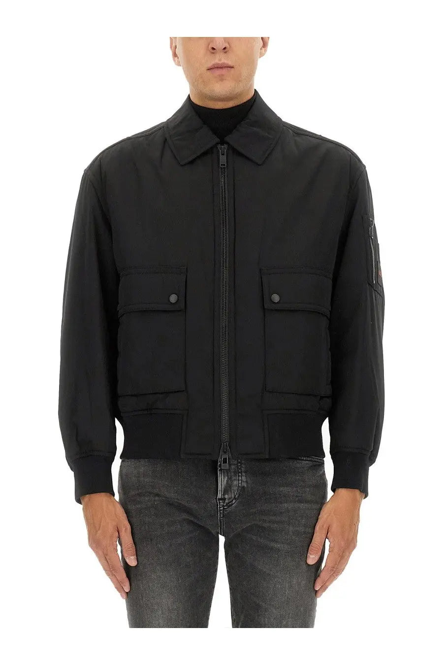 Boss men’s black bomber jacket with zipper closure and two front flap pockets in a sleek design