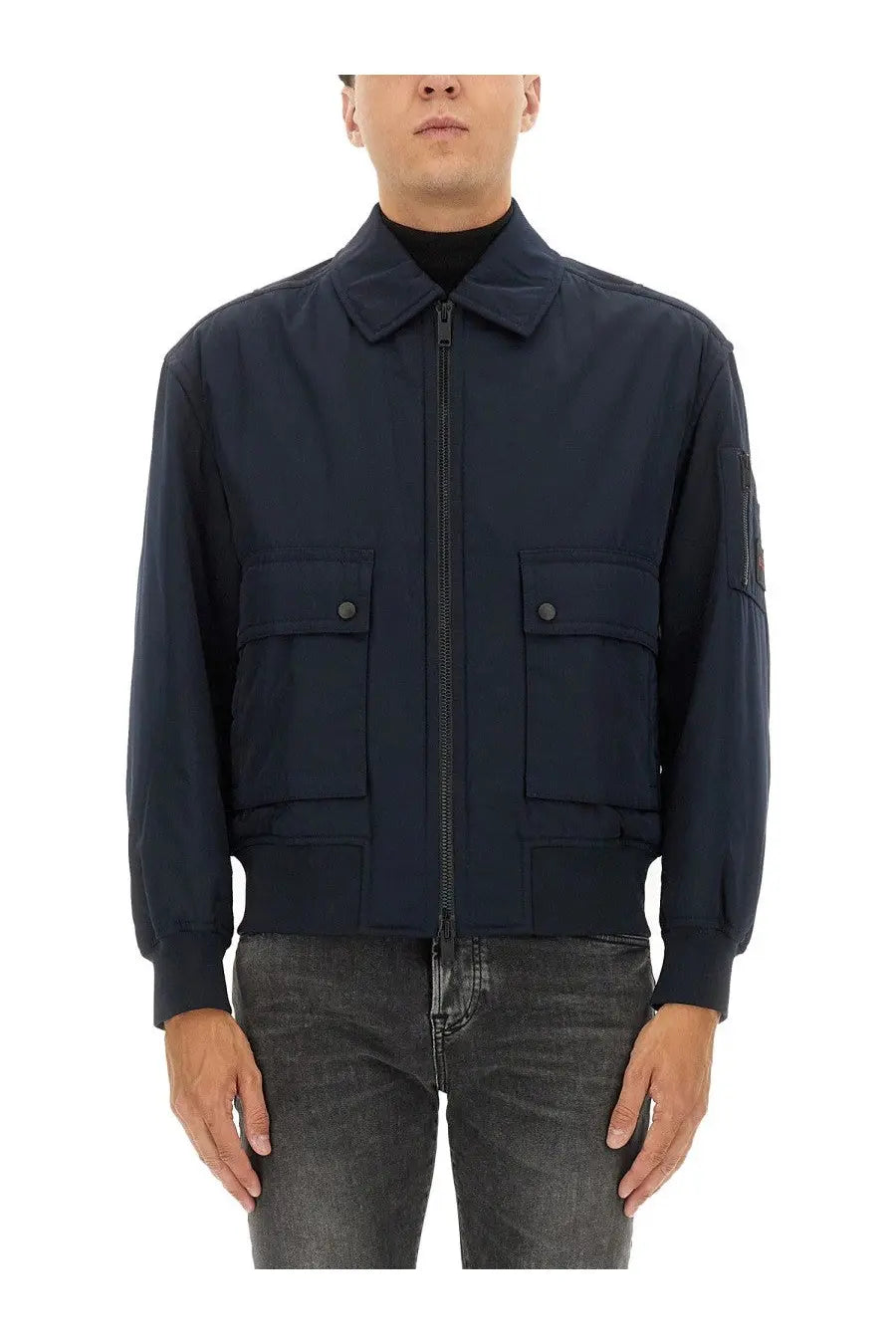 BOSS men’s navy blue bomber jacket with zippered collar and two front flap pockets for casual wear