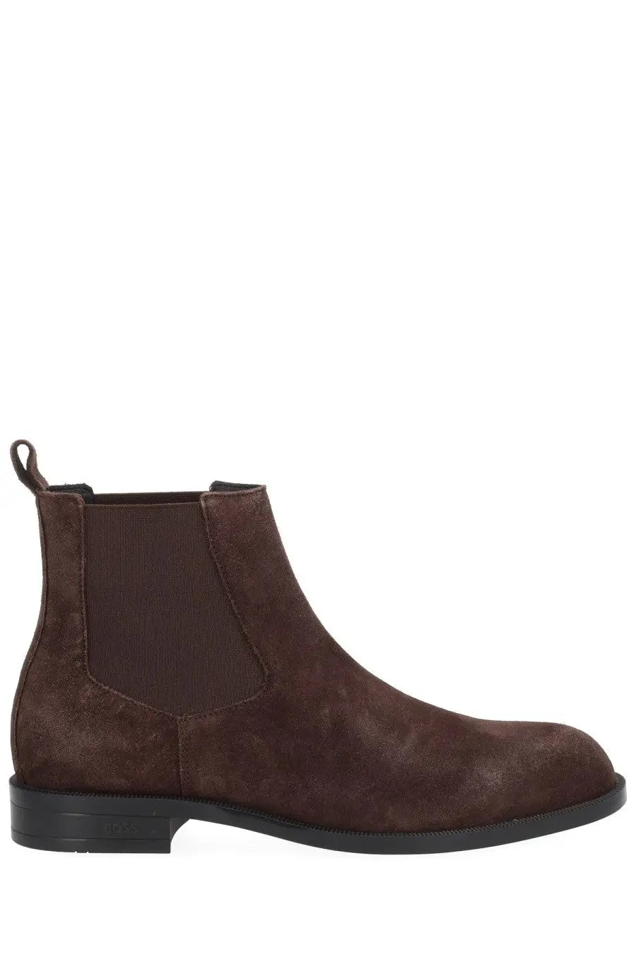 BOSS men’s Tayil brown chelsea boot in brown suede with elastic side panels and black rubber sole