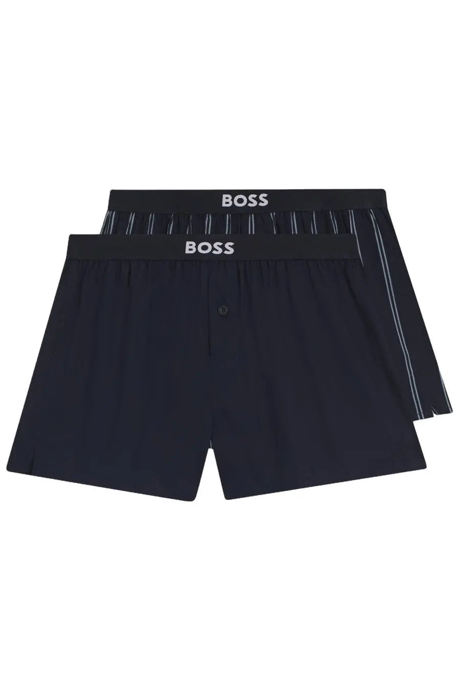 Black boss men’s boxer shorts with white branding and subtle striped detailing in breathable fabric