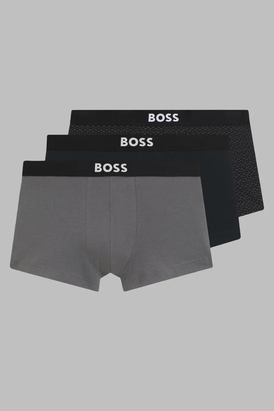 Set of three boss men’s boxer briefs in charcoal gray black and dark patterns with white branded waistband