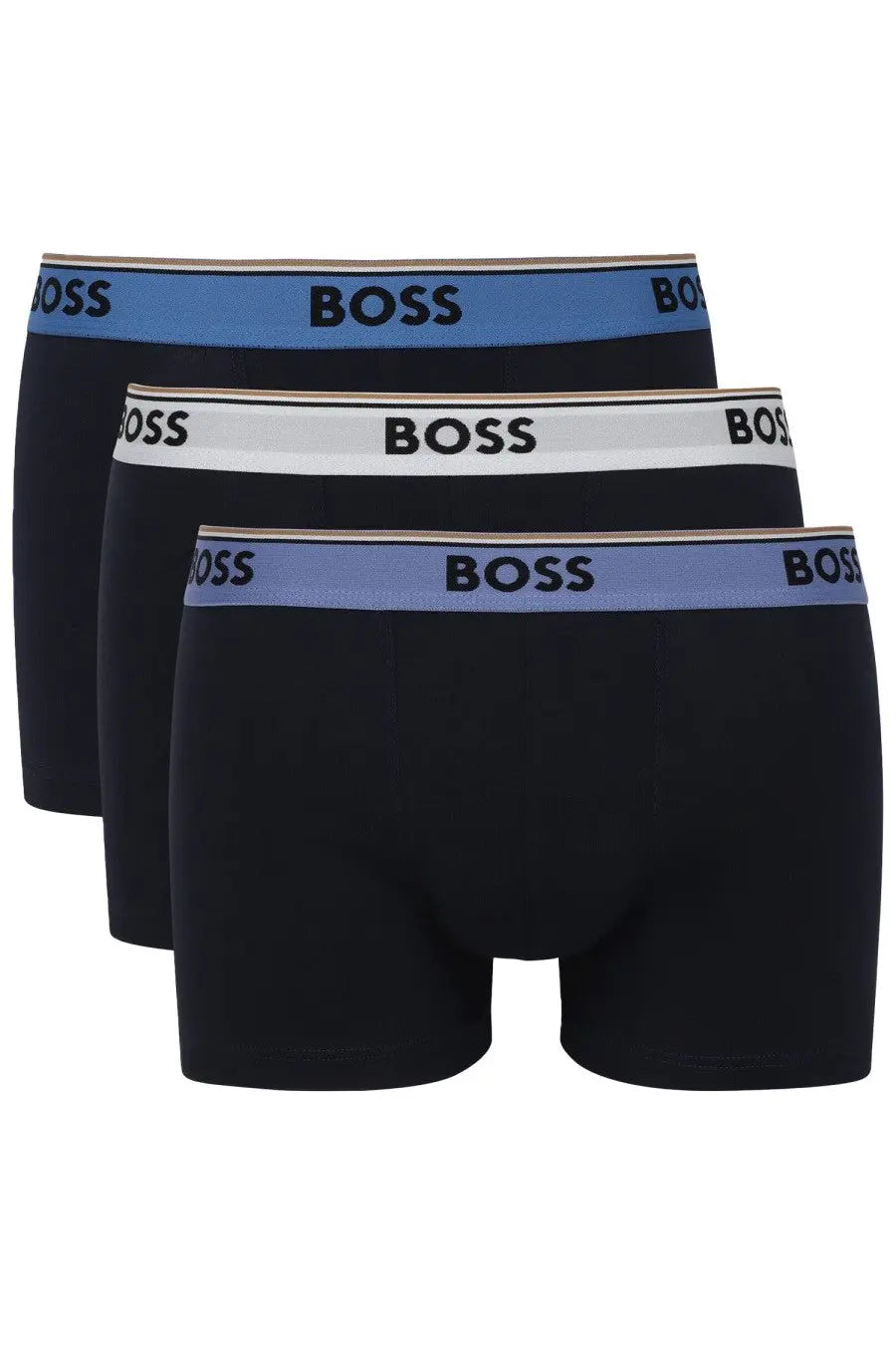 BOSS men’s black boxer briefs with contrasting blue and white waistbands featuring the boss logo printed across bands
