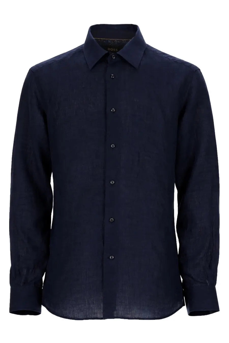 BOSS men’s camicia Hays Kentw blue dark navy linen button-down shirt with classic collar and matching buttons