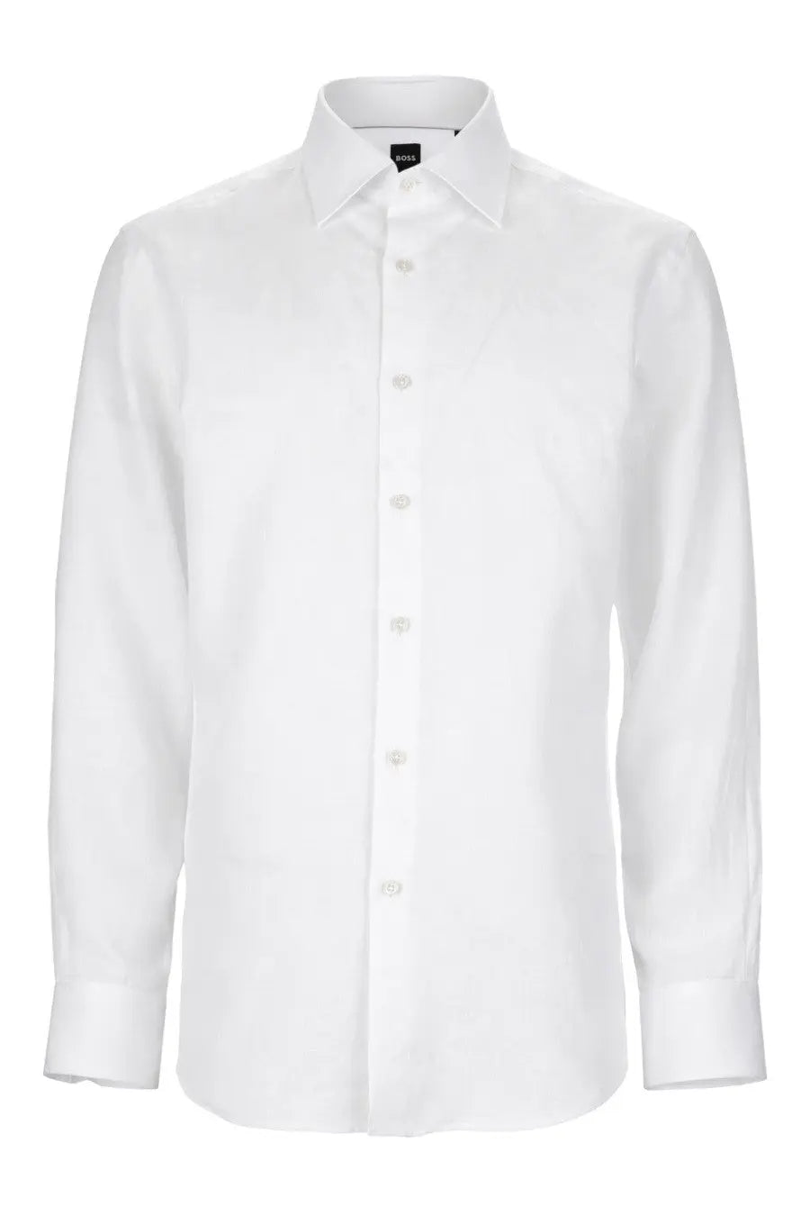 A crisp white boss men’s dress shirt in linen with a classic collar and button-down front