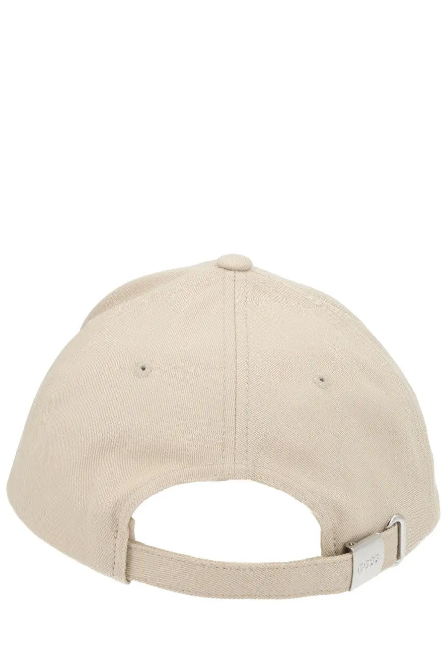 Beige cotton BOSS men’s baseball cap with silver metal adjustment strap and brand logo tag shown from the back side