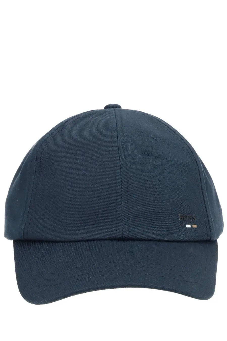 Dark navy blue cotton baseball cap with textured weave and boss logo embroidered on the front for men