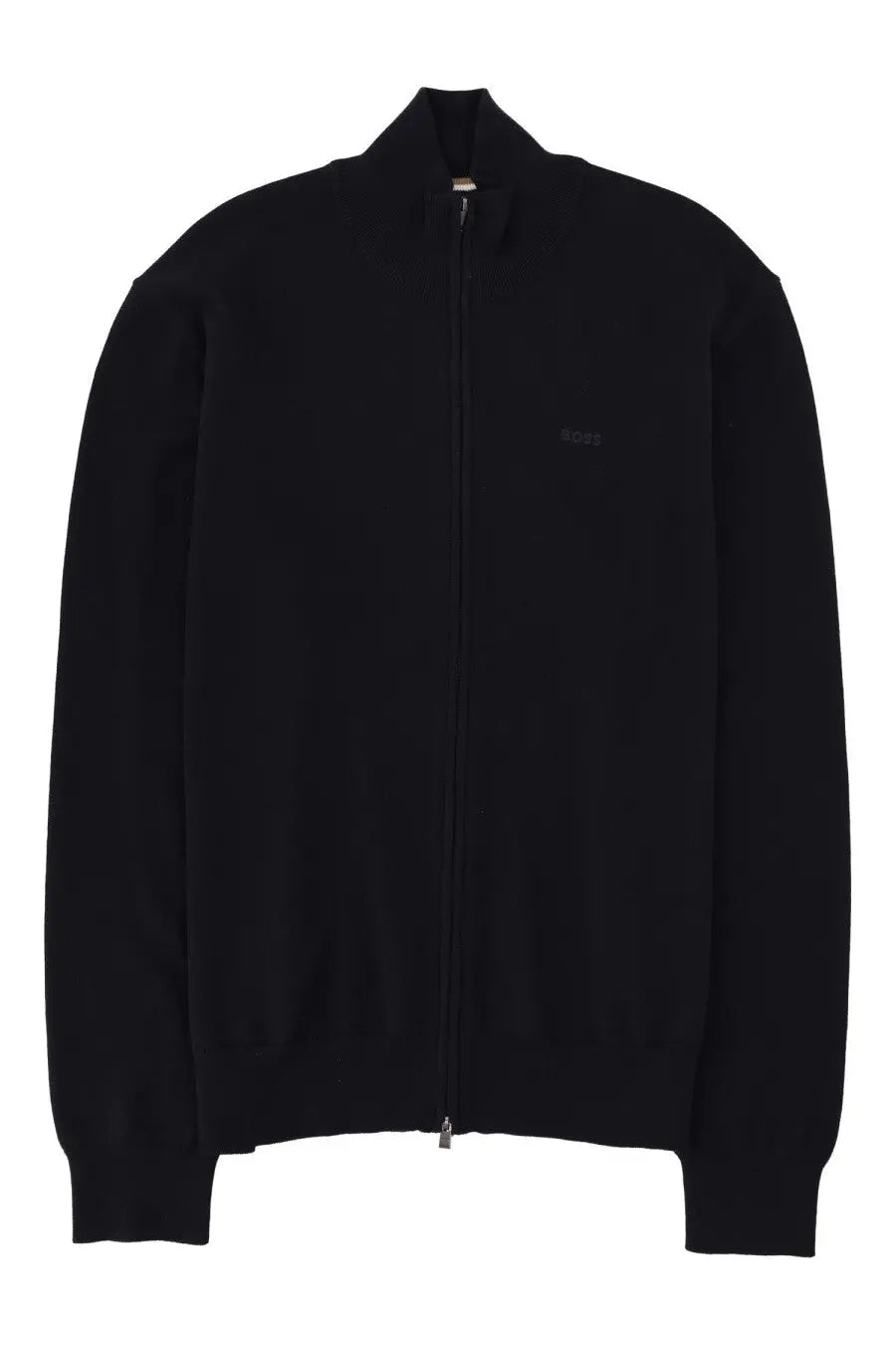 Black hugo zip-up sweater with subtle embroidered logo on chest shown as part of boss mens cardigan blue collection