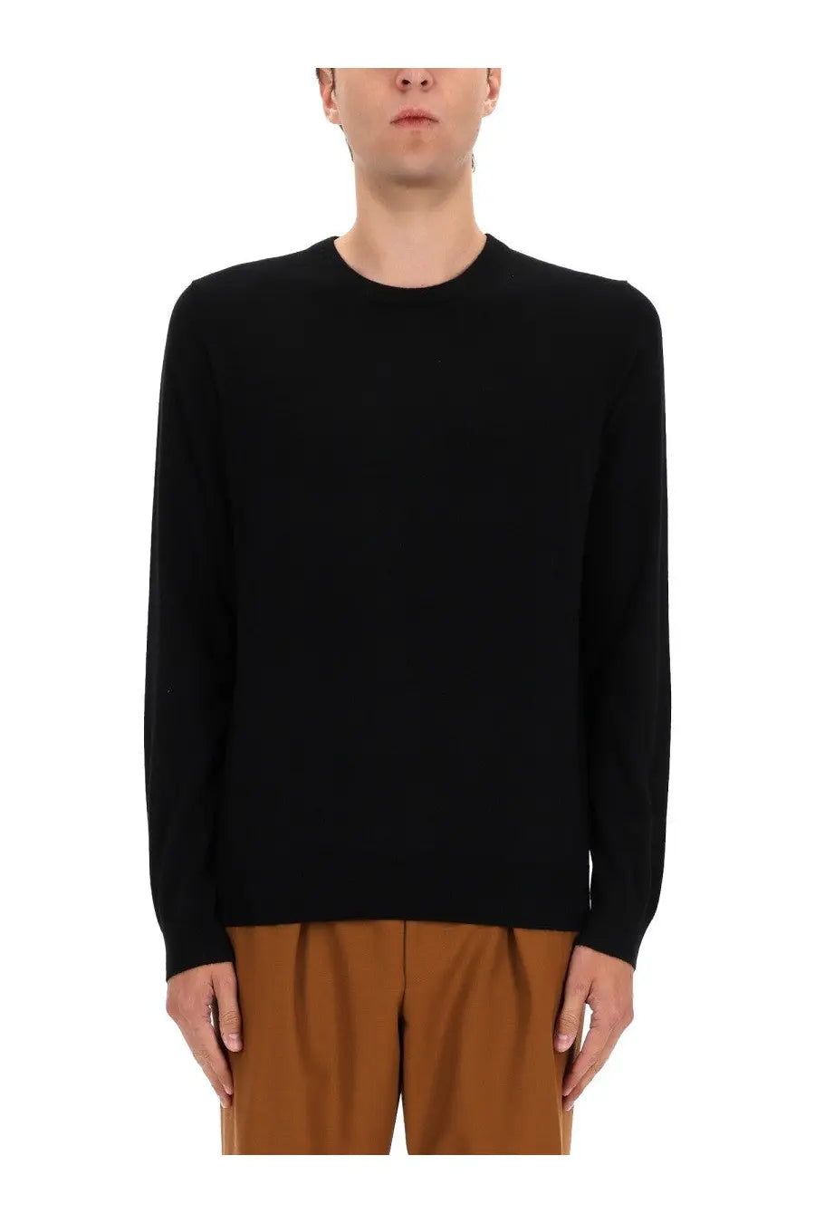 Boss men’s black cashmere sweater with long sleeves and smooth fine-knit texture crewneck design