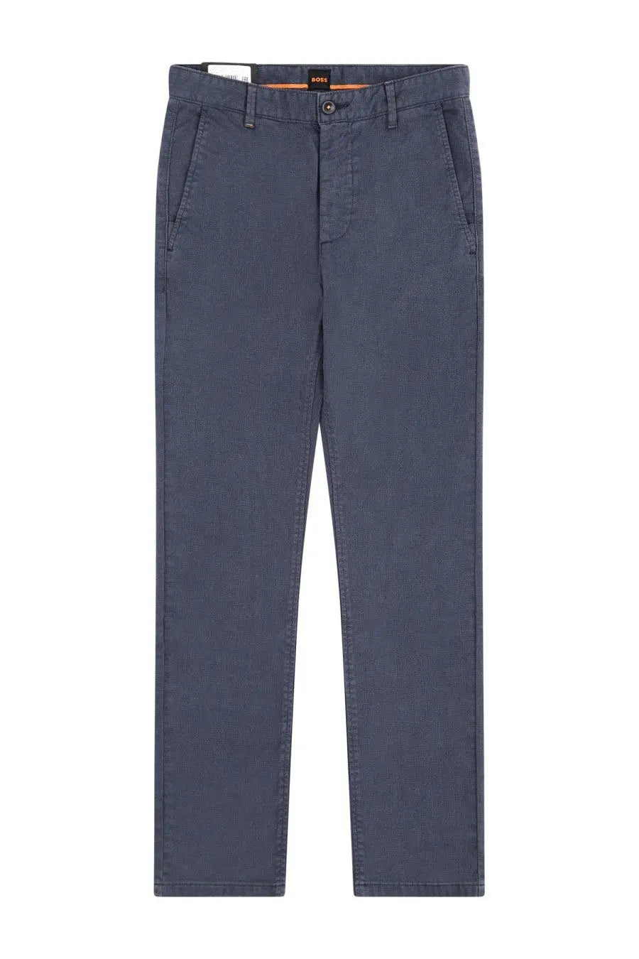 Dark blue BOSS men’s chino pants with classic straight-leg cut and subtle stitching details in cotton fabric