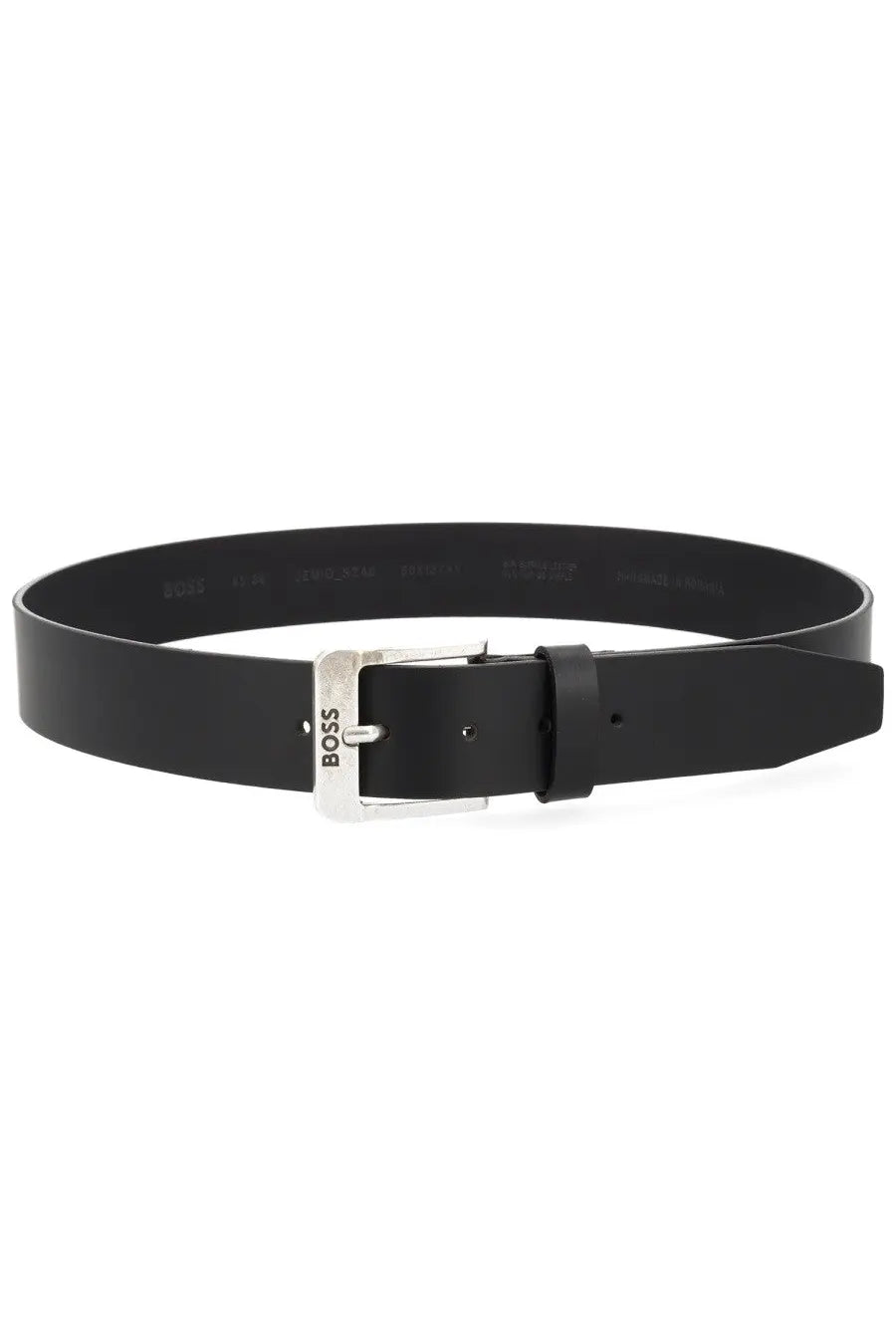 BOSS men’s cintura Jemio black leather belt with silver-toned buckle featuring the boss logo