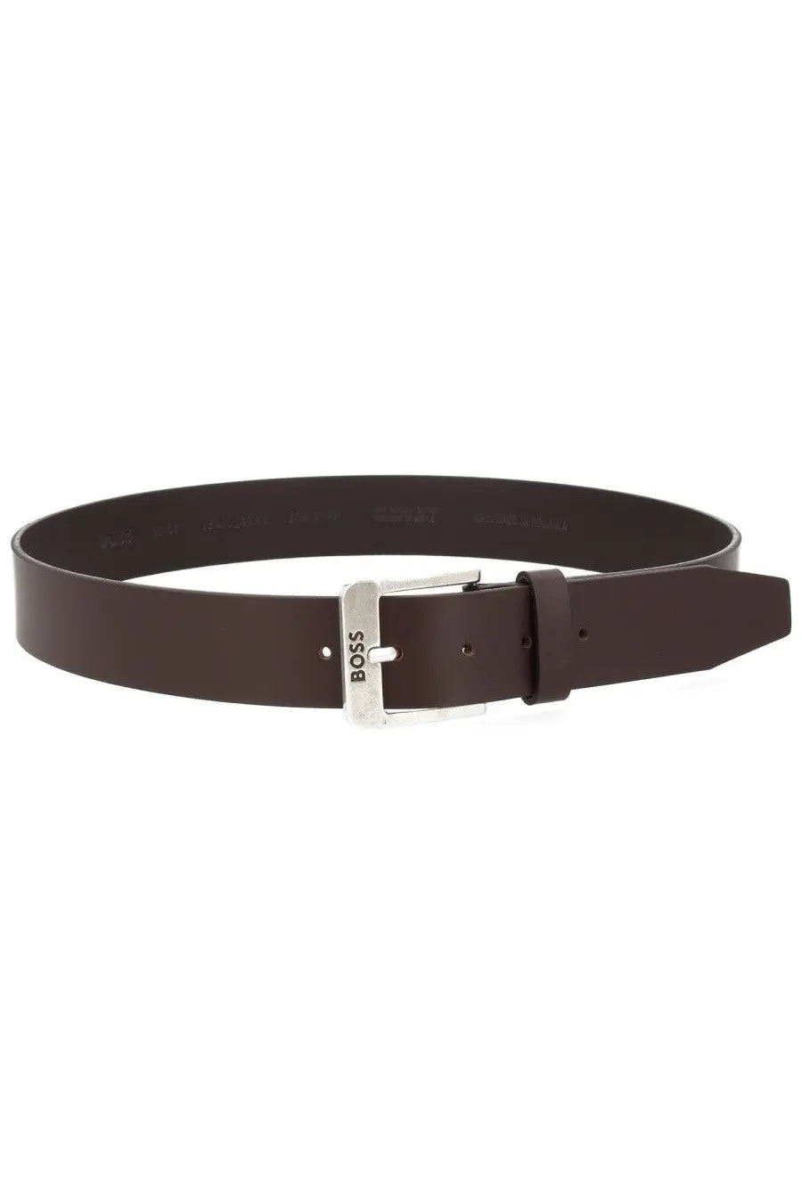 Dark brown leather belt with a silver toned buckle featuring the boss logo from BOSS men’s cintura Jemio brown collection
