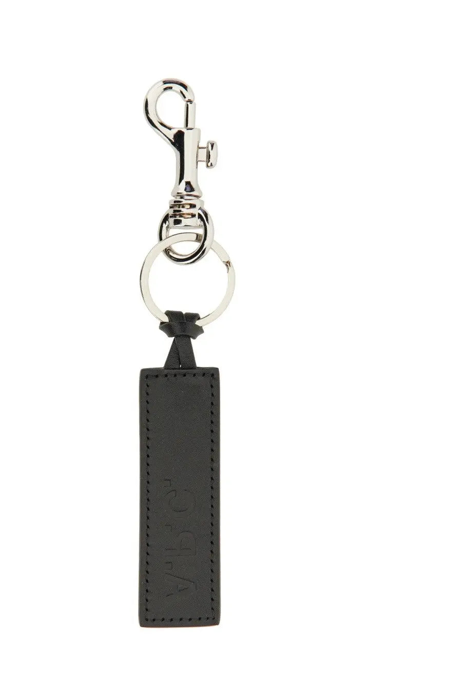 Boss men’s leather keychain in black with silver-toned metal clasp and ring for secure key holding