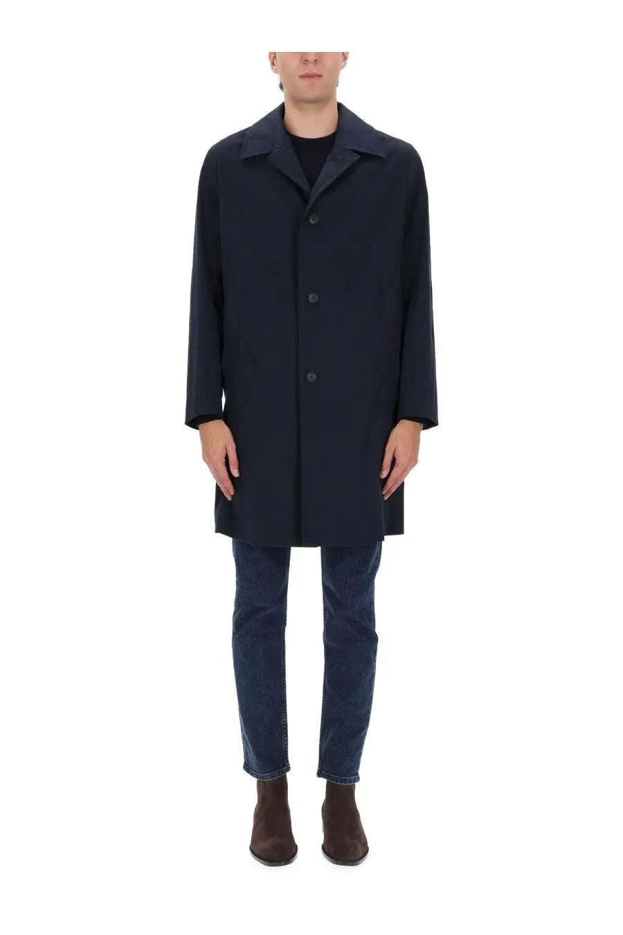 BOSS men’s Clark coat blue navy wool overcoat with notched lapels and button closure for stylish cold weather wear
