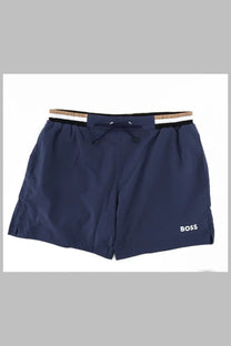 Navy blue hugo boss men’s costume da bagno swim trunks with striped elastic waistband and white logo on leg