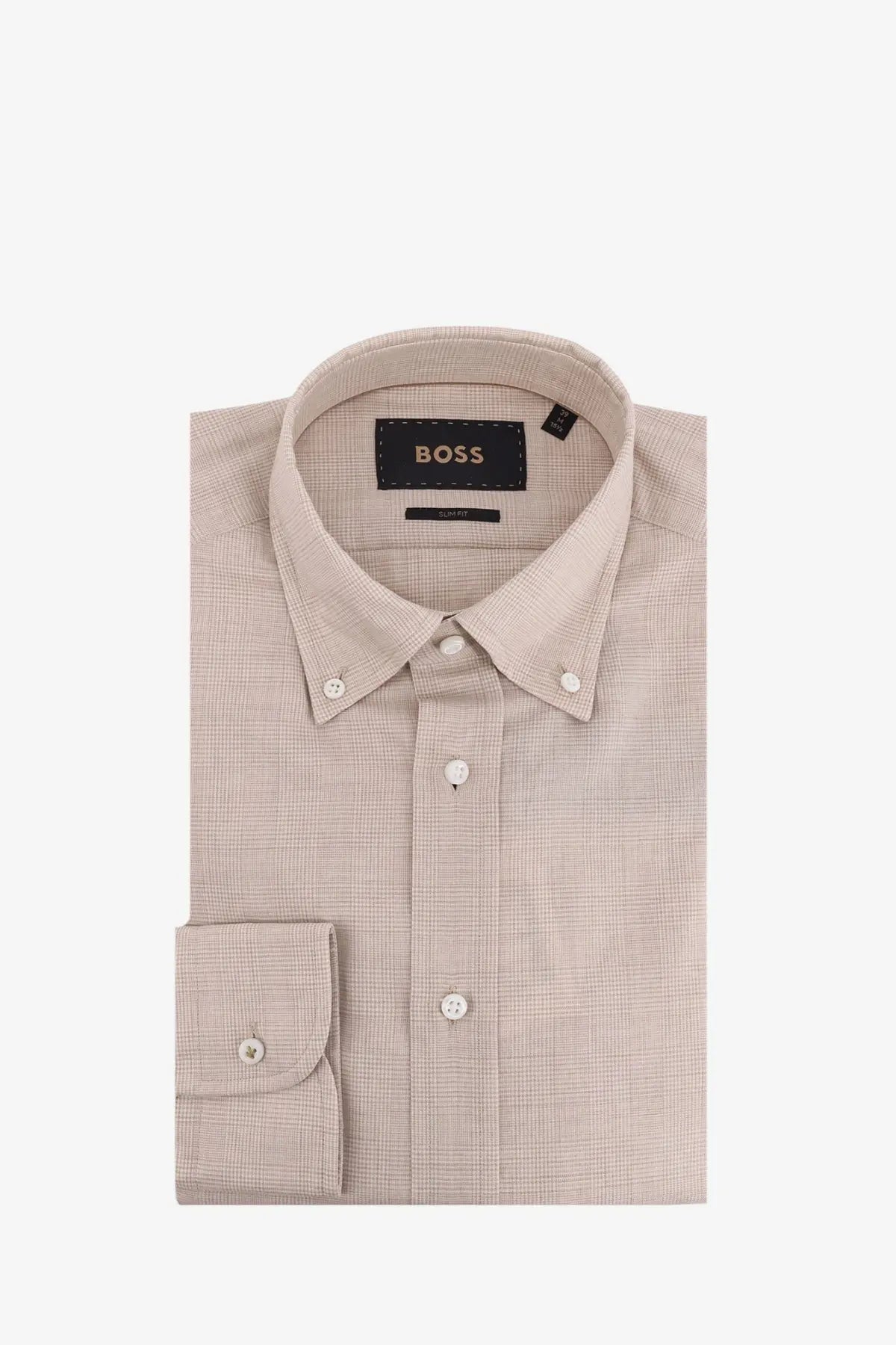 A neatly folded beige boss men’s cotton button-down shirt with a subtle textured weave and white buttons