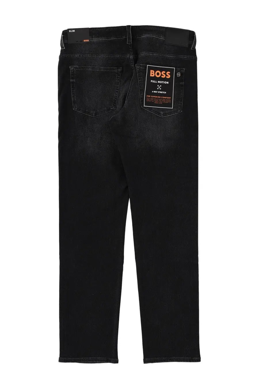 Back side of black slim fit boss men’s delaware denim jeans with orange boss brand label on the pocket