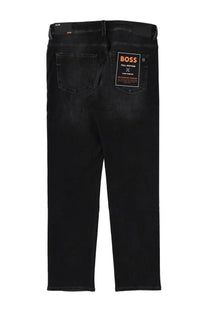 Back side of boss men’s Delaware slim fit black denim jeans with an orange boss brand label on the pocket