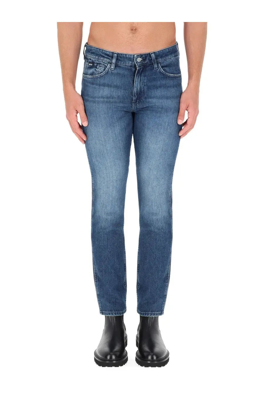 Boss men’s delaware jeans blue classic straight-leg denim with subtle fading in blue