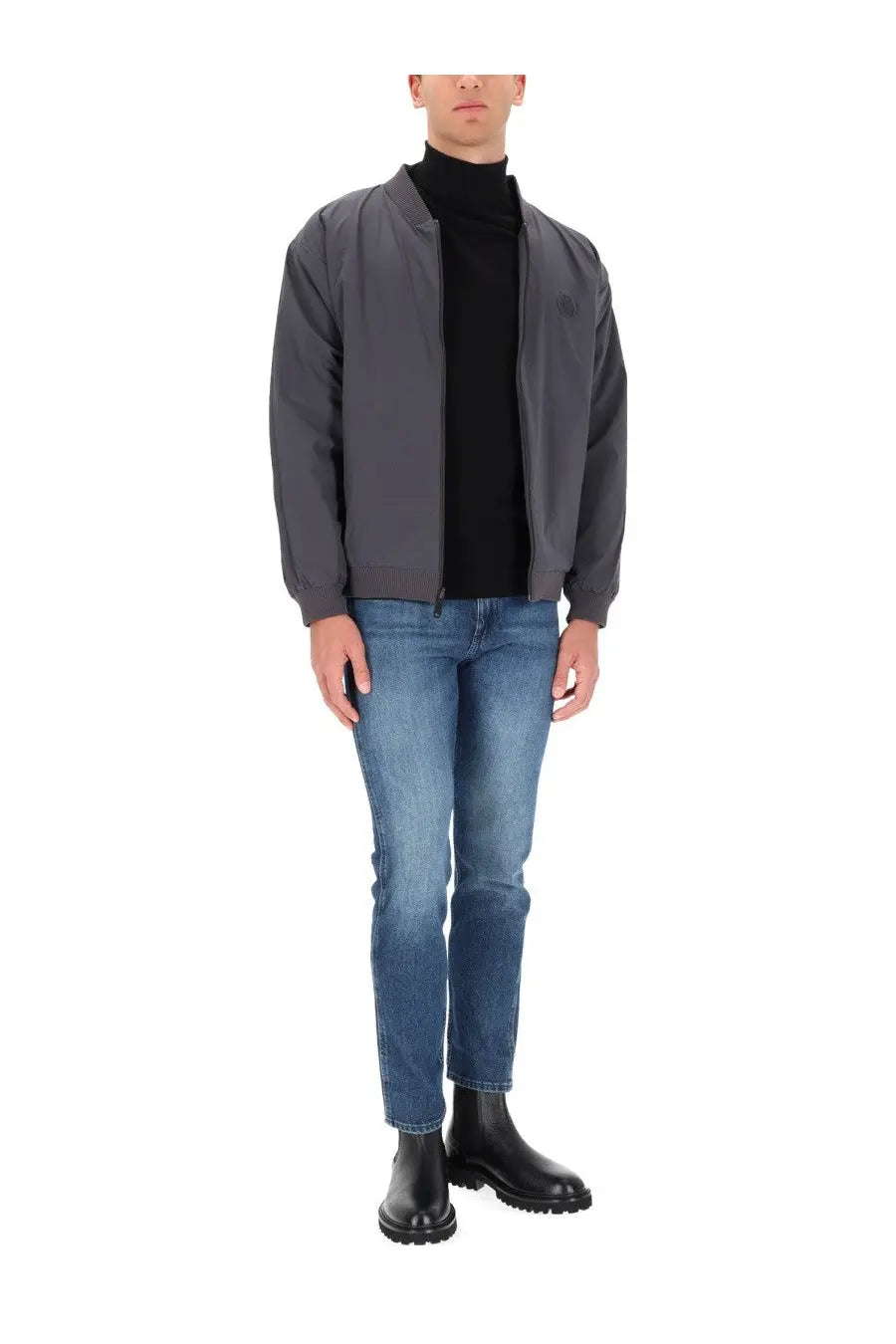 Dark gray bomber jacket with subtle logo on left chest paired with boss men’s delaware jeans blue