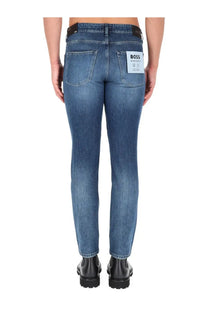 Blue denim BOSS men’s Delaware jeans with classic five-pocket design and white brand label on the back pocket