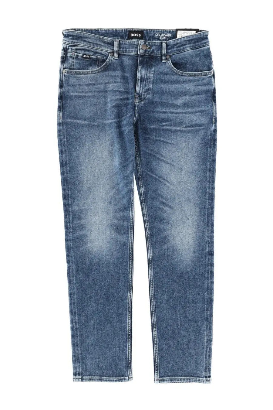 Blue denim BOSS men’s Delaware jeans with faded wash and classic five-pocket design showing the waistband label
