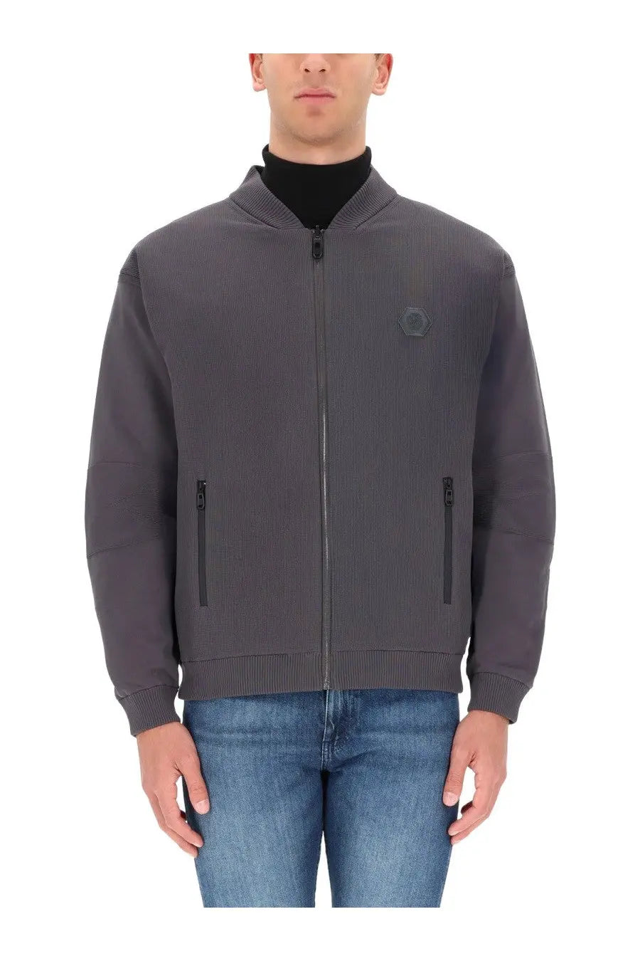 Dark gray boss men’s future hy sweatshirt with ribbed cuffs waistband and subtle hexagonal logo on left chest