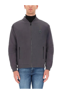 Dark gray boss men’s future hy sweatshirt with ribbed cuffs waistband and subtle hexagonal logo on left chest