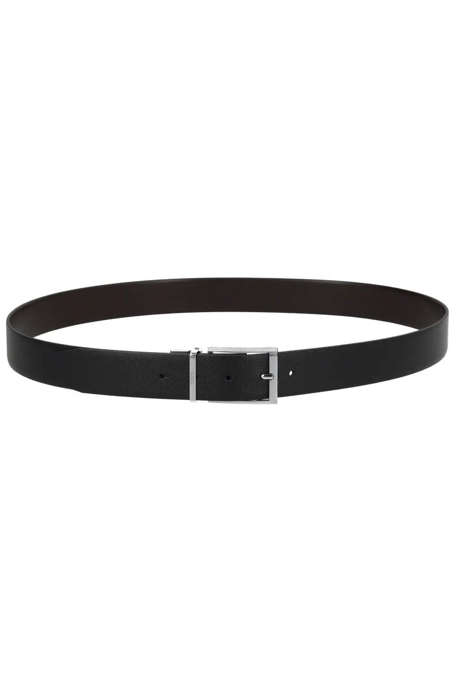 BOSS men’s gert black leather belt with sleek silver toned buckle perfect for formal and casual wear