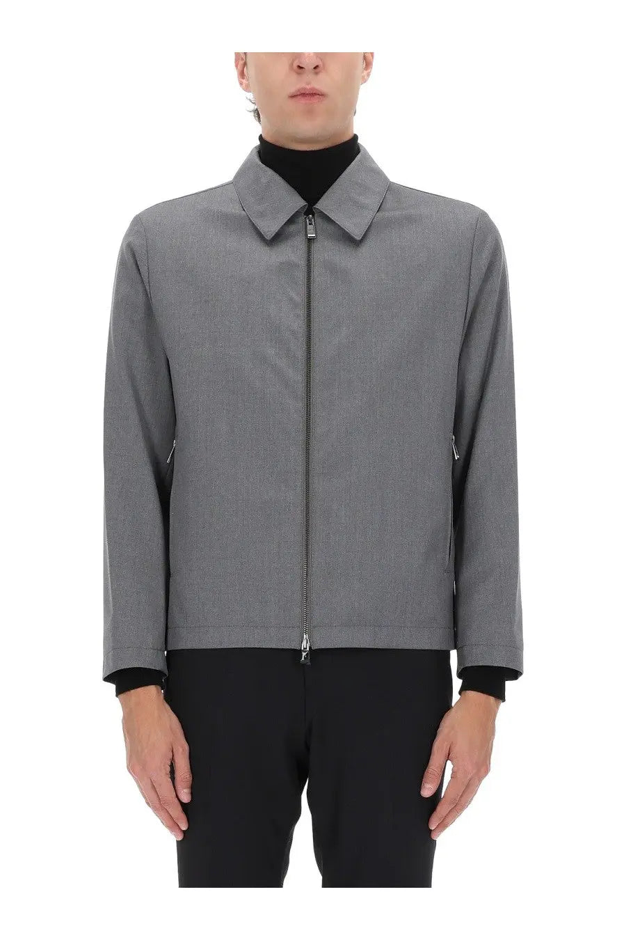 BOSS men’s hanry wing jacket grey featuring a gray textured fabric with a structured collar and front zipper closure