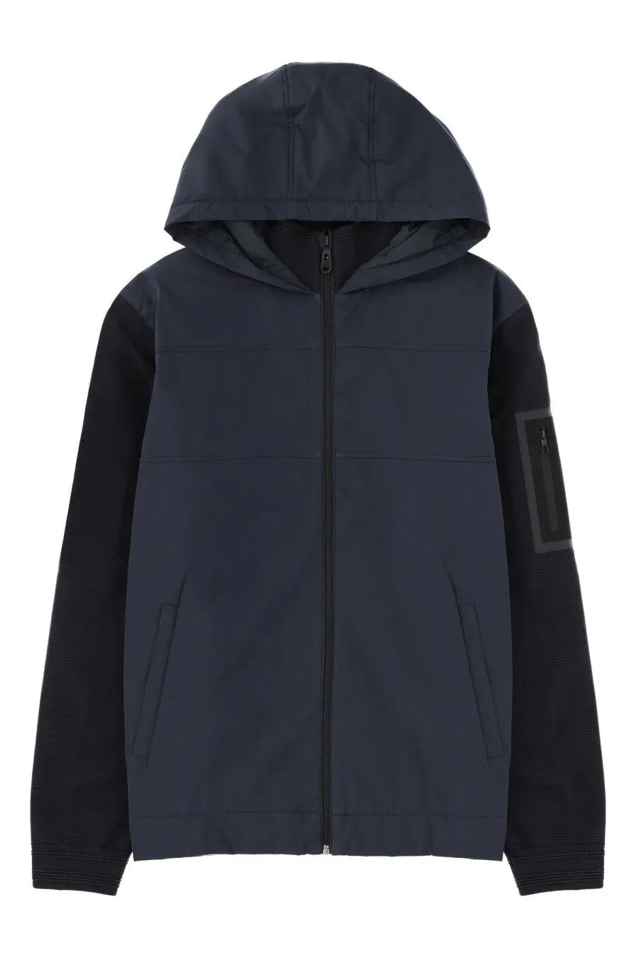 BOSS men’s hooded jacket in dark navy with contrasting black sleeves and a patch on the left arm