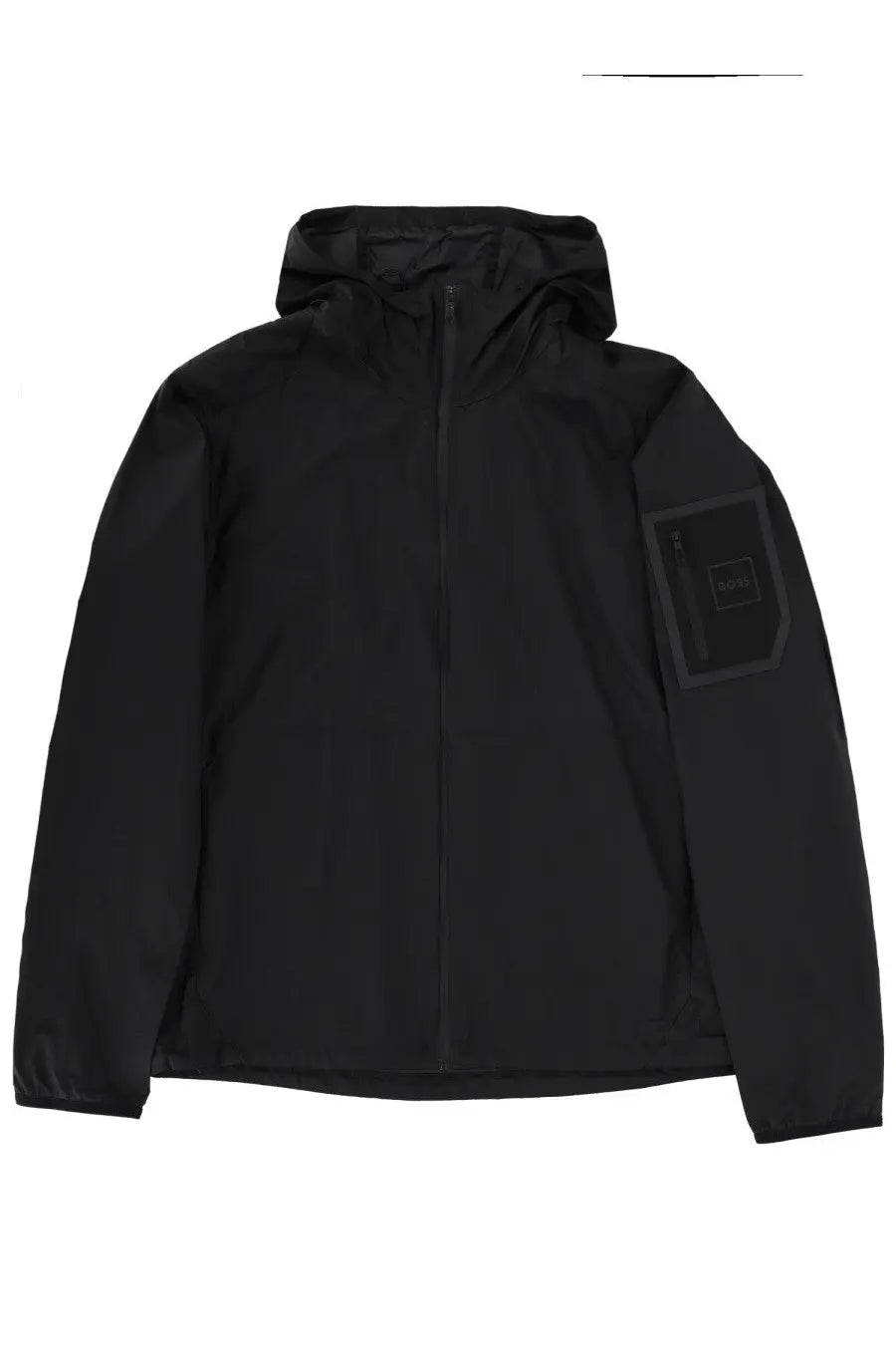 Boss men’s black hooded jacket Airnix with sleek minimalist design and subtle branding on the upper left sleeve