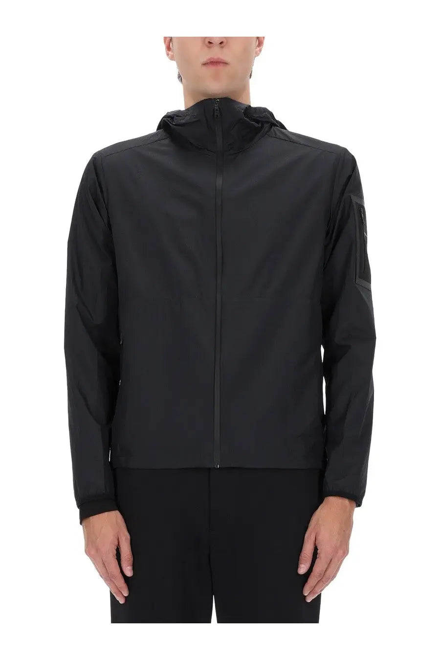 BOSS men’s black hooded jacket Airnix with sleek minimalist design and subtle branding on the sleeve