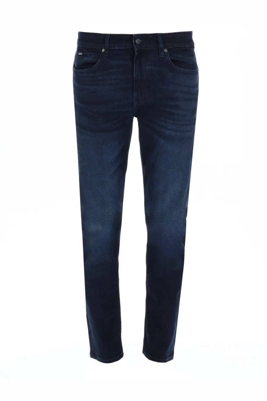 BOSS men’s jeans Delaware Blue slim fit dark indigo denim with subtle fading at the thighs