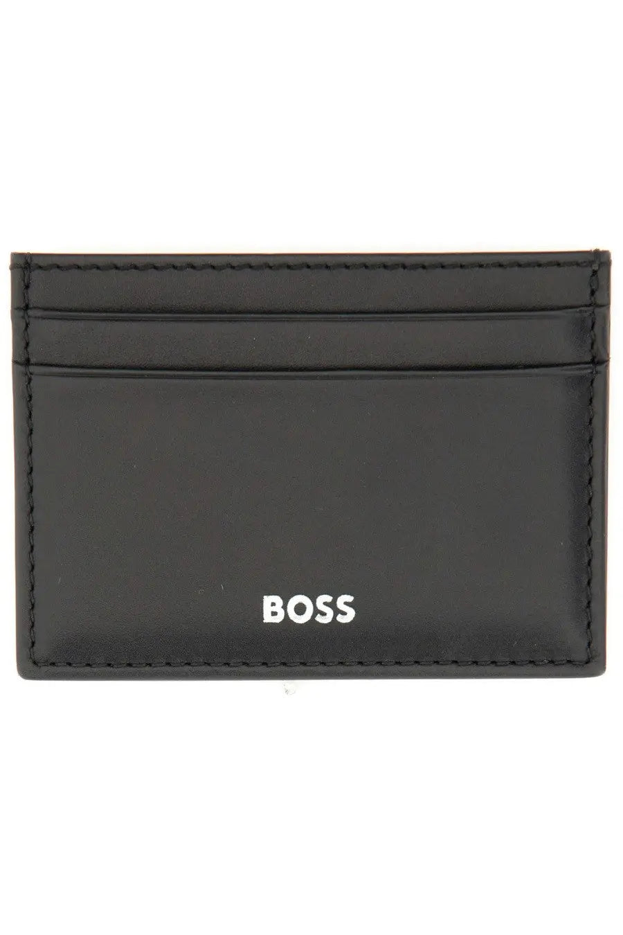 Black leather BOSS men’s card holder with white logo and stitched edges for stylish organization