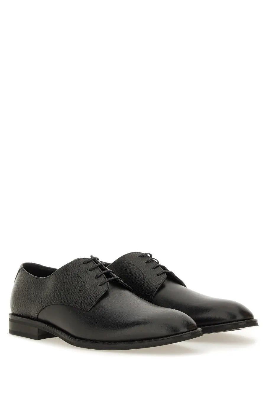 BOSS men’s black leather derby loafer featuring lace-up design and subtle textured panel on the vamp