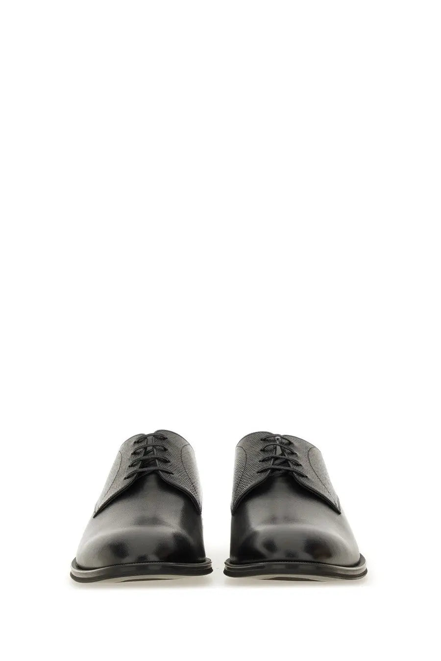 BOSS men’s black leather derby loafer with glossy finish and subtle textured panels in lace-up oxford style