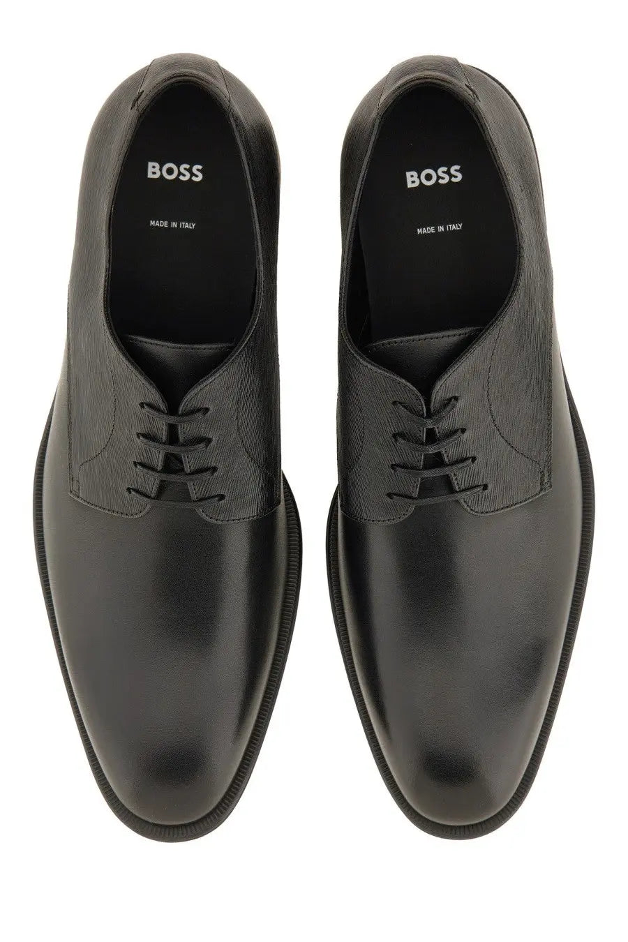 BOSS men’s leather derby loafer black with sleek polished finish and classic lace-up design for formal wear