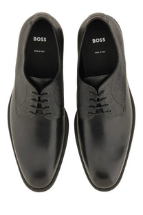 BOSS men’s leather derby loafer black with sleek polished finish and classic lace-up design for formal wear