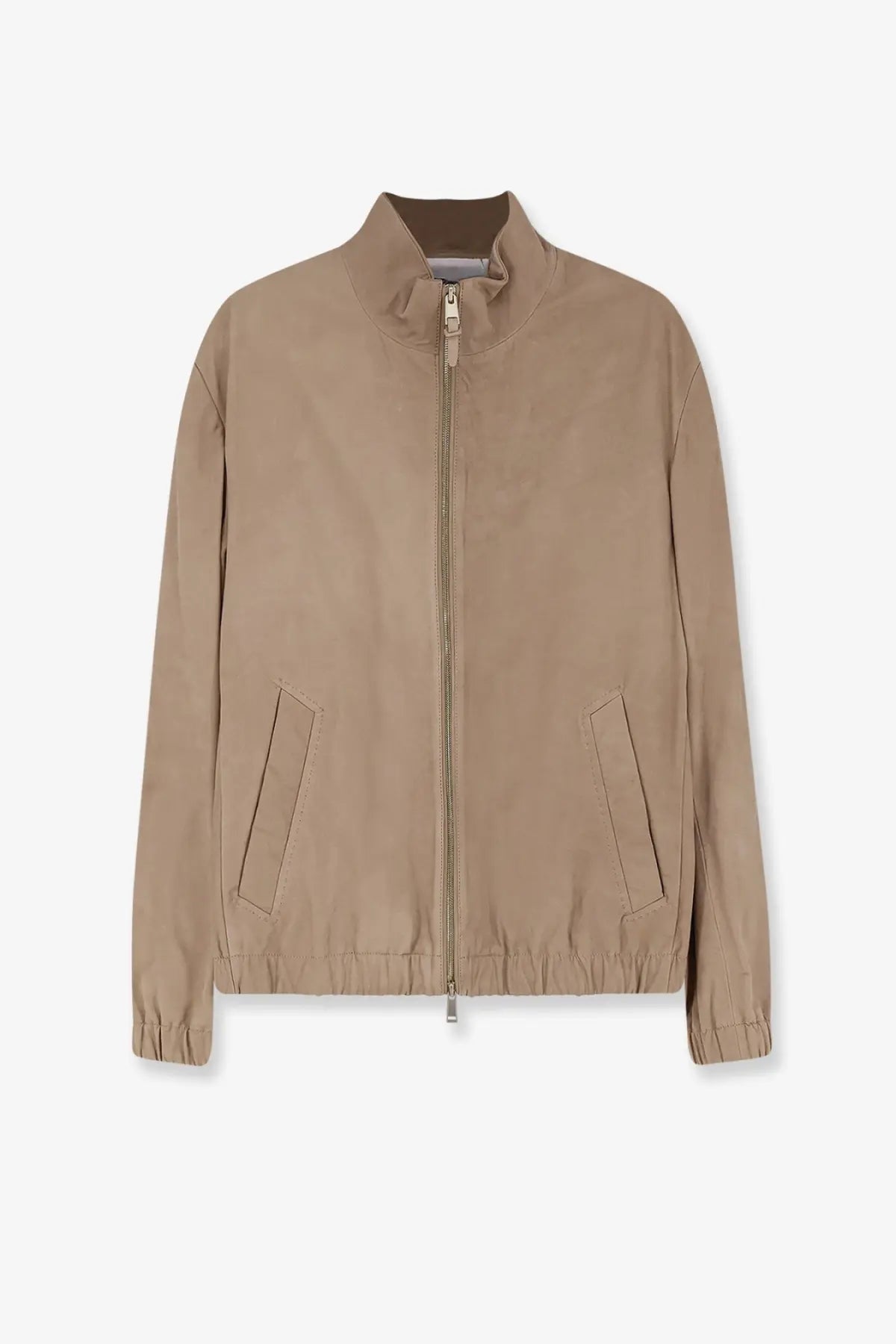 BOSS men’s beige leather zip-up jacket with stand collar, two slanted pockets, and elastic cuffs